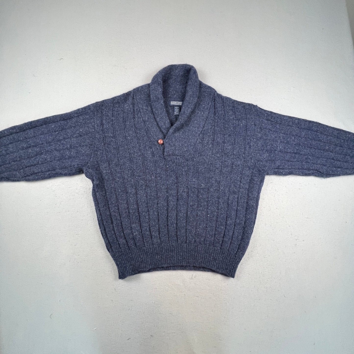 Lands End Shawl Collar Sweater Mens L Blue Wool Blend Ribbed Knit Vintage USA