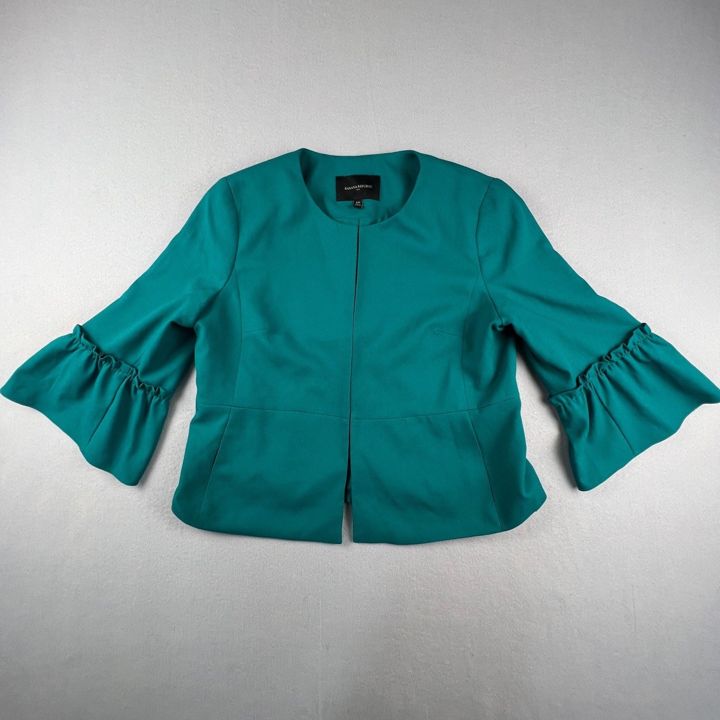 Banana Republic Bell Sleeve Jacket Womens 12P Teal Ruffle Cropped Professional