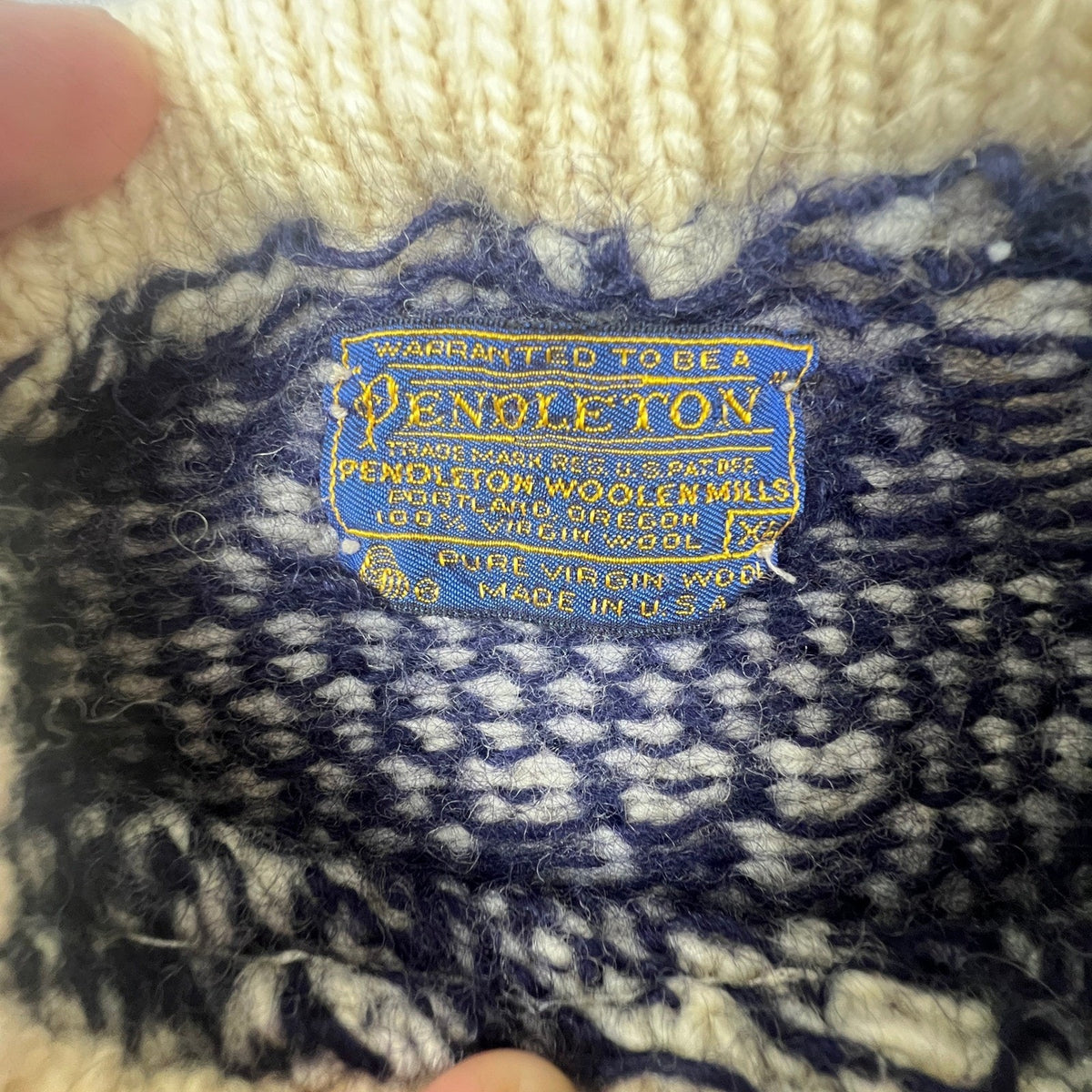 Pendleton Wool Sweater Mens XL Blue Cream Geometric Knit Vintage Mock Neck USA