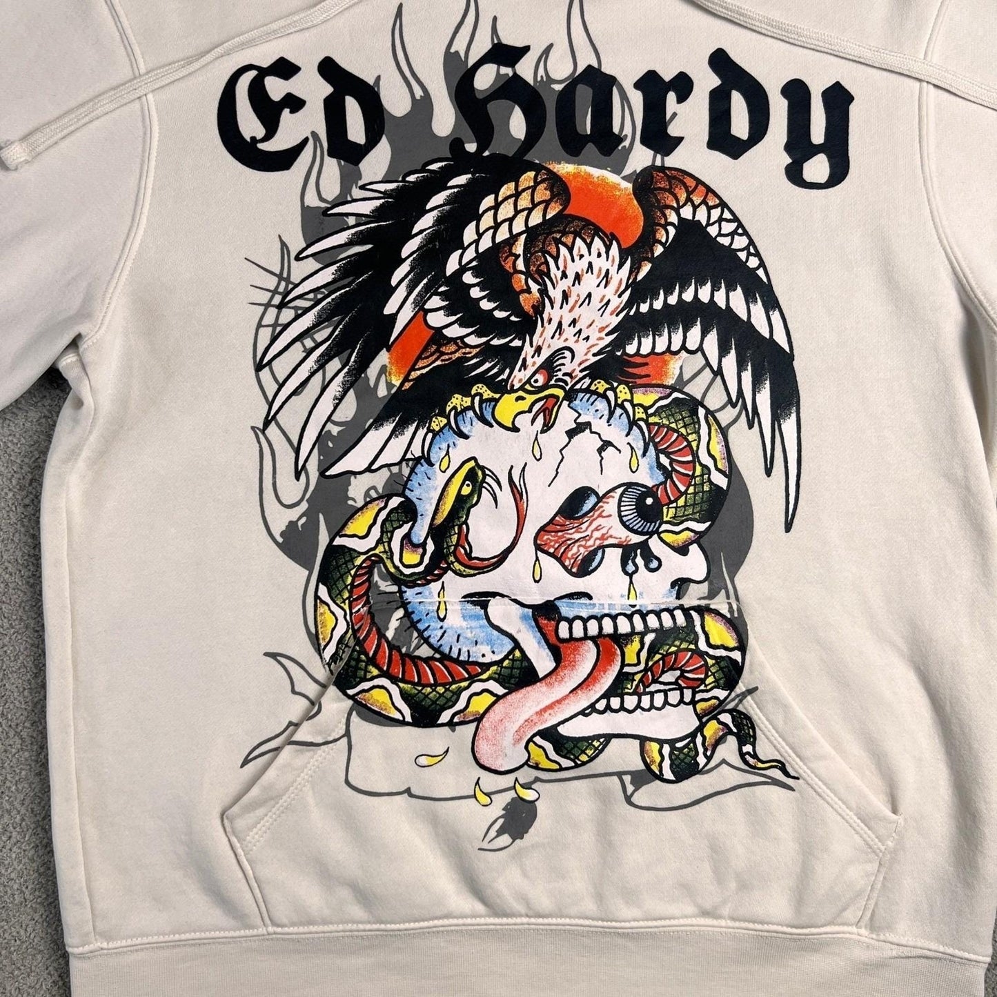 Y2K Ed Hardy Hoodie Eagle Skull Snake Flames Mens Size Medium White Sweatshirt