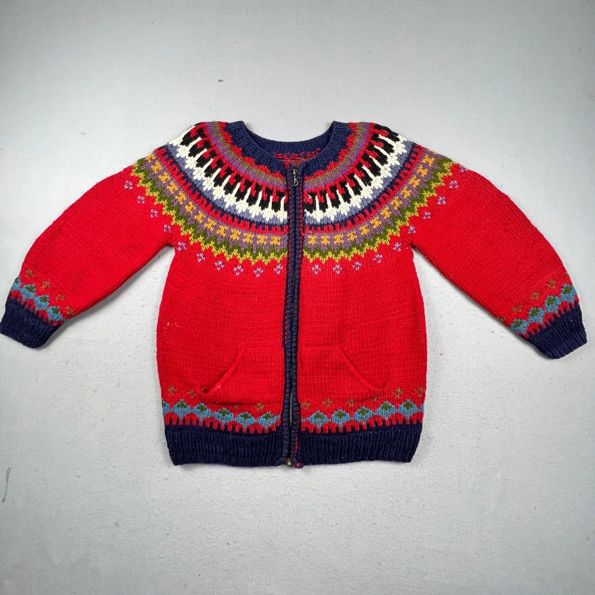 Handmade Fair Isle Zip Cardigan Sweater Mens XL Red Wool Knit Nordic Outdoor