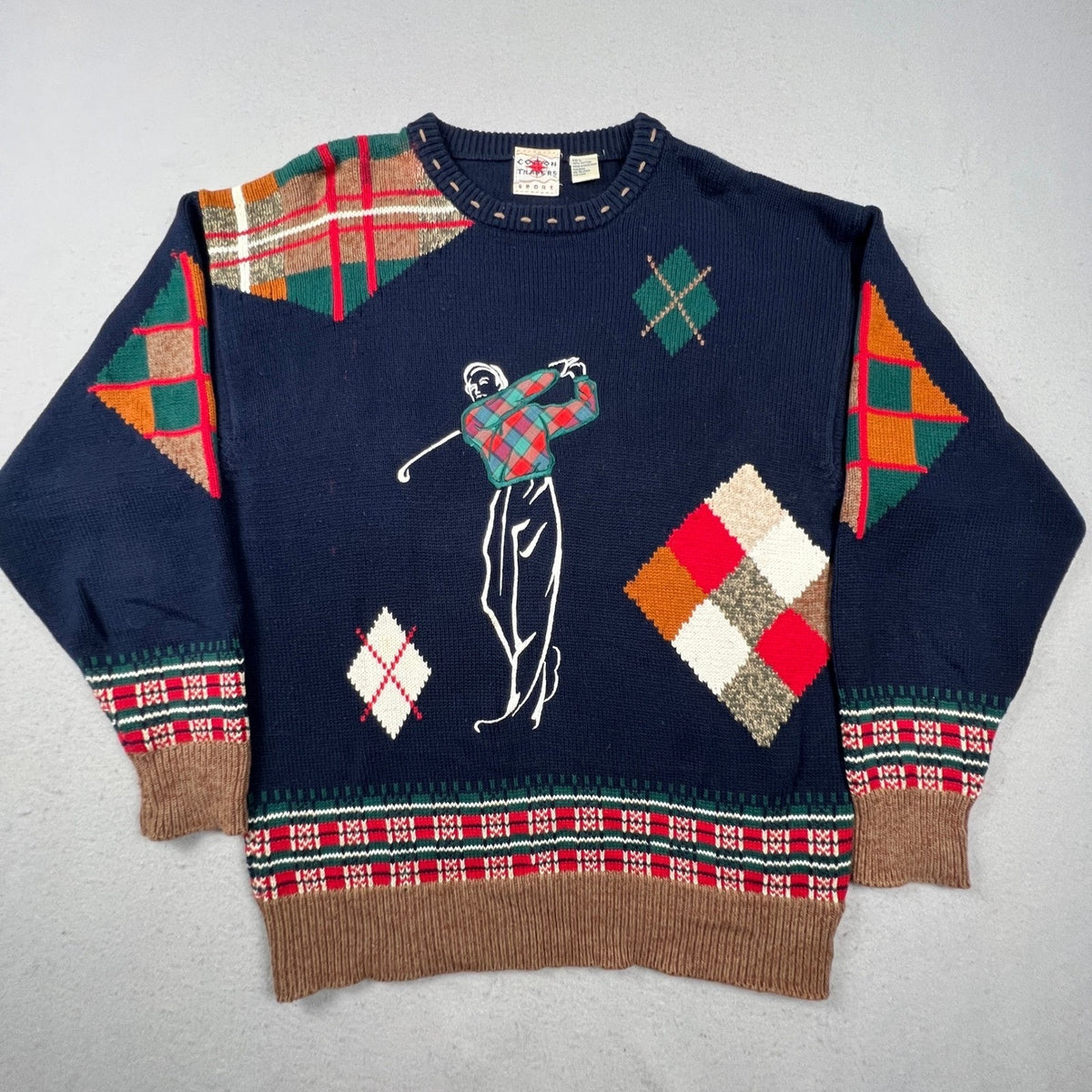 Cotton Traders Golf Sweater Mens Large Navy Blue Argyle Plaid Intarsia Vintage