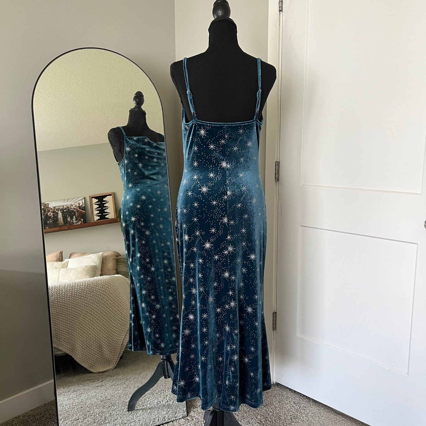 Cider Velvet Maxi Dress Womens Medium Teal Celestial Starburst Cowl Neck Party