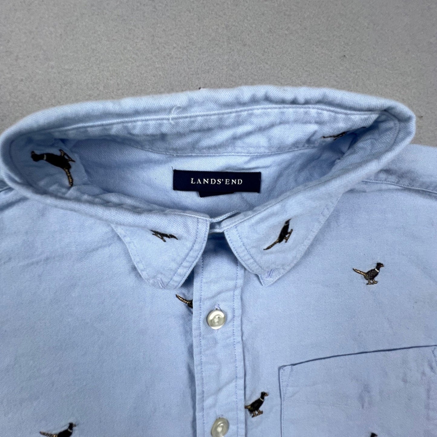 Lands End Pheasant Bird Shirt Womens M Embroidered Oxford Button Down Preppy