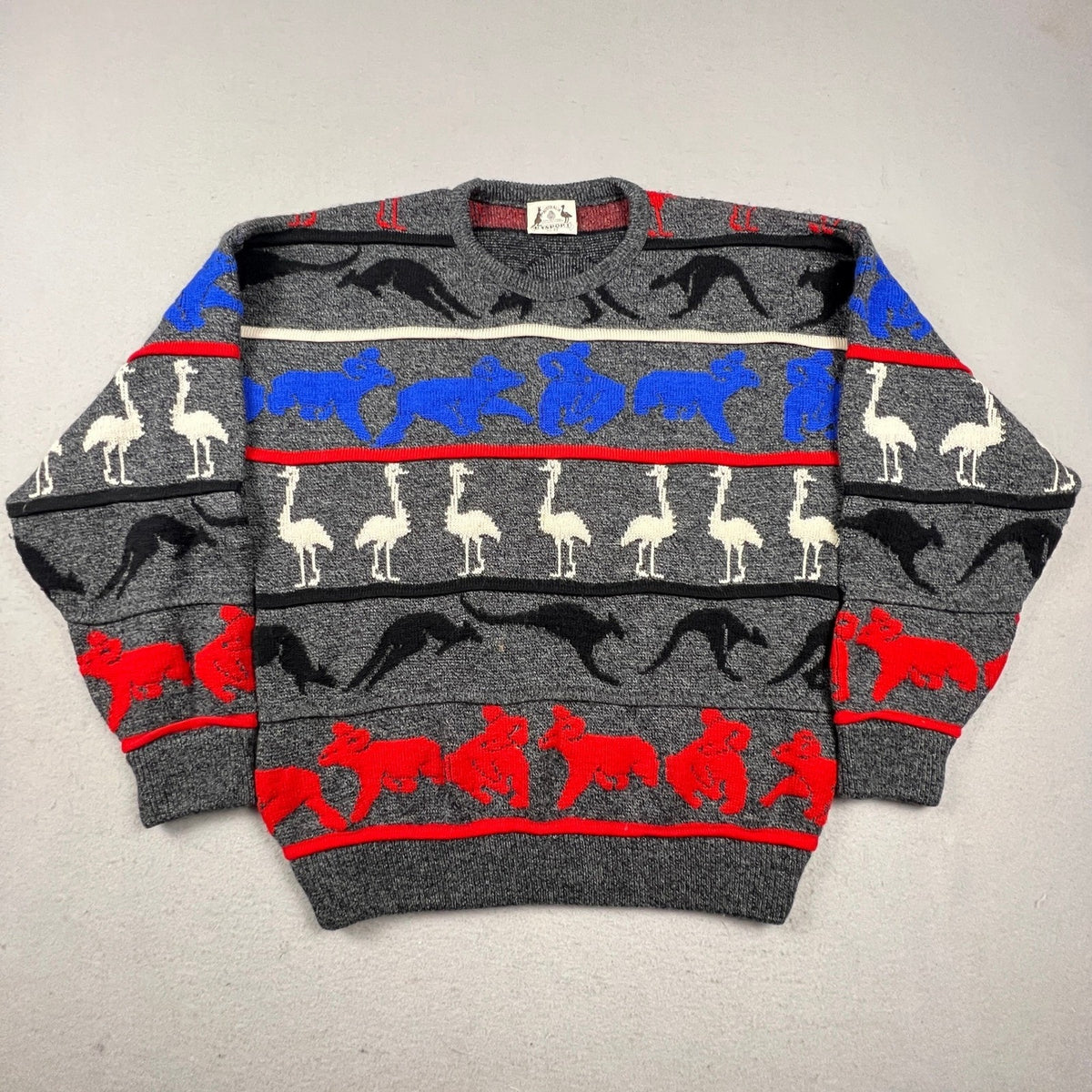 Hysport Wool Sweater Mens 22 Grey Australian Animal Intarsia Knit Vintage Retro