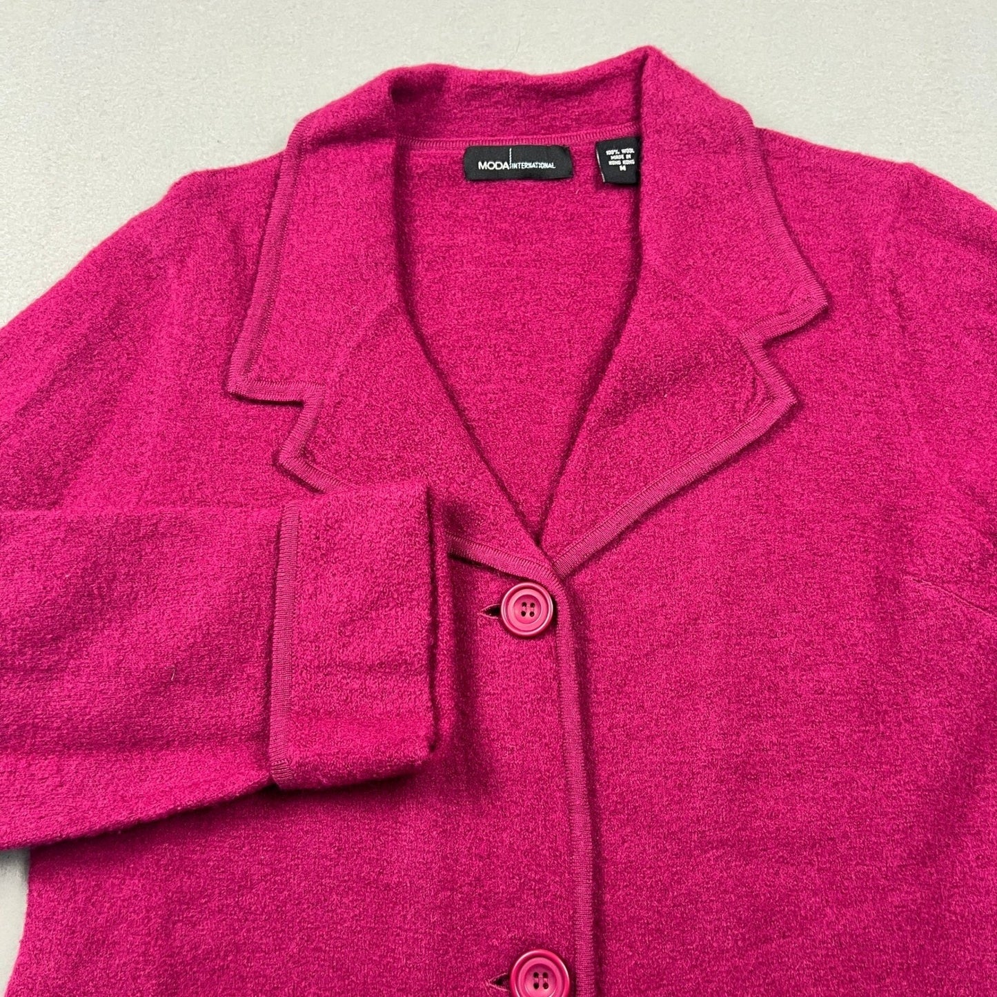 VTG 90s Moda International Wool Cardigan Coat M Pink Longline Boiled Sweater
