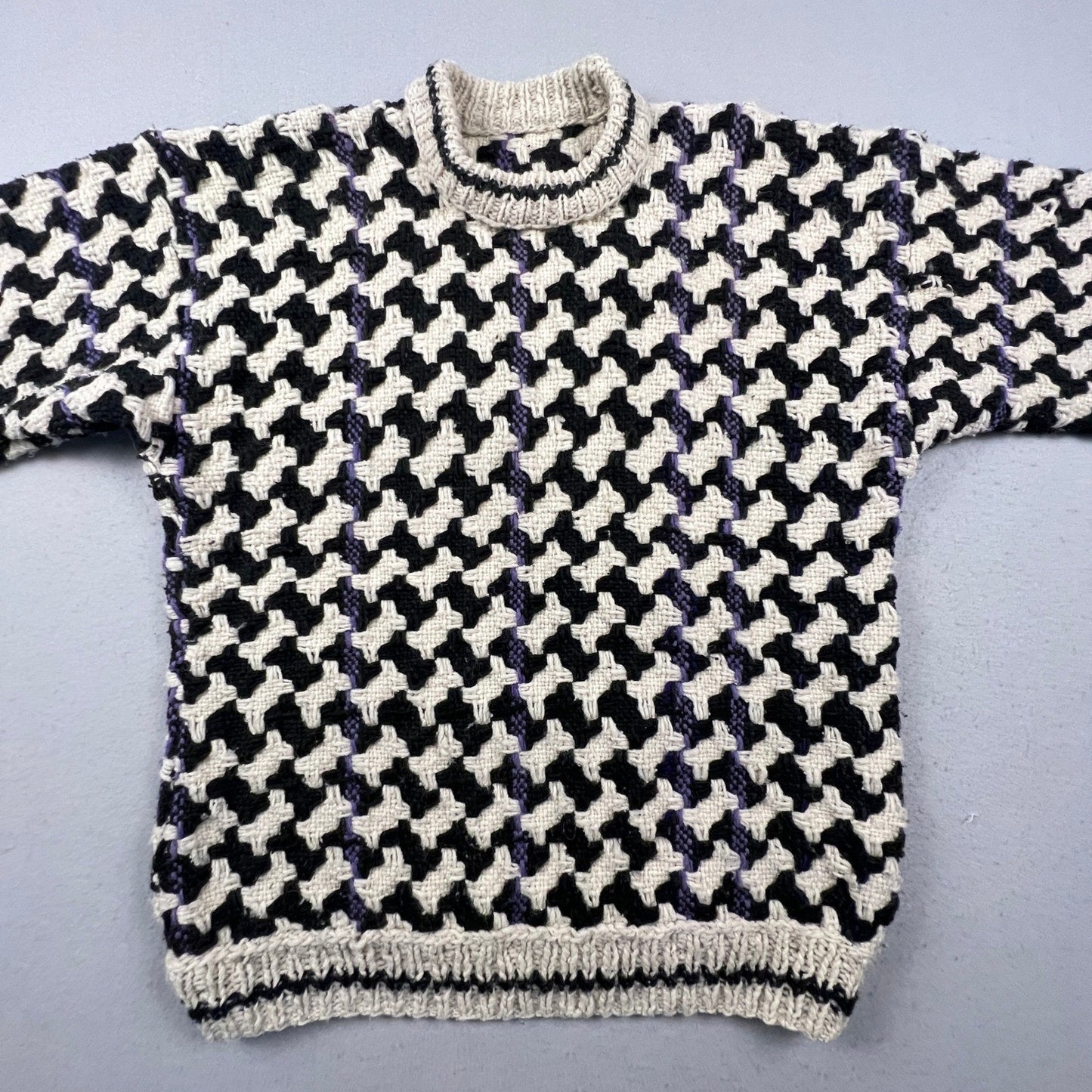 Vintage Houndstooth Hand Knit Sweater Mens XL Black White Pullover Chunky Warm