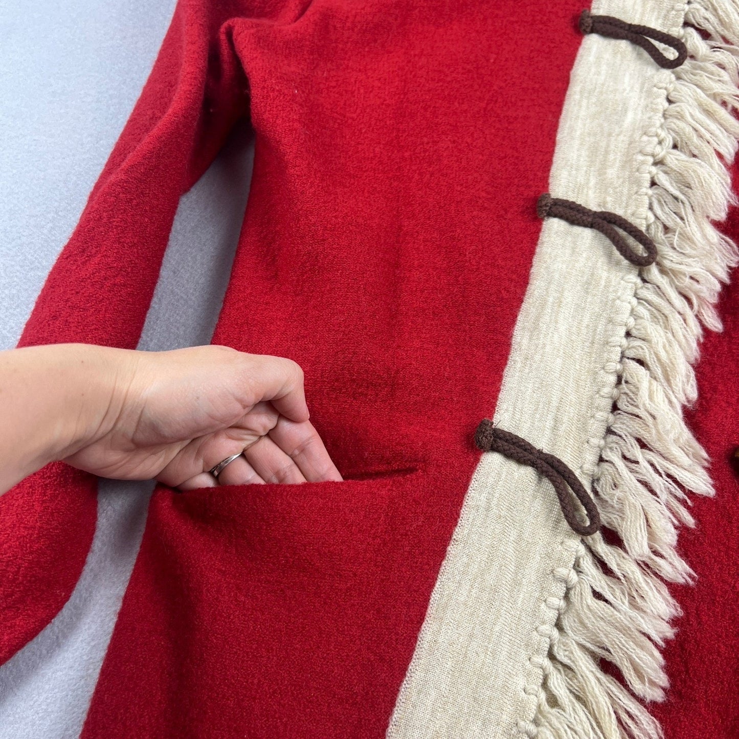 Sparrow Anthropologie Cardigan Womens Small Red Wool Fringe Toggle Boho Sweater