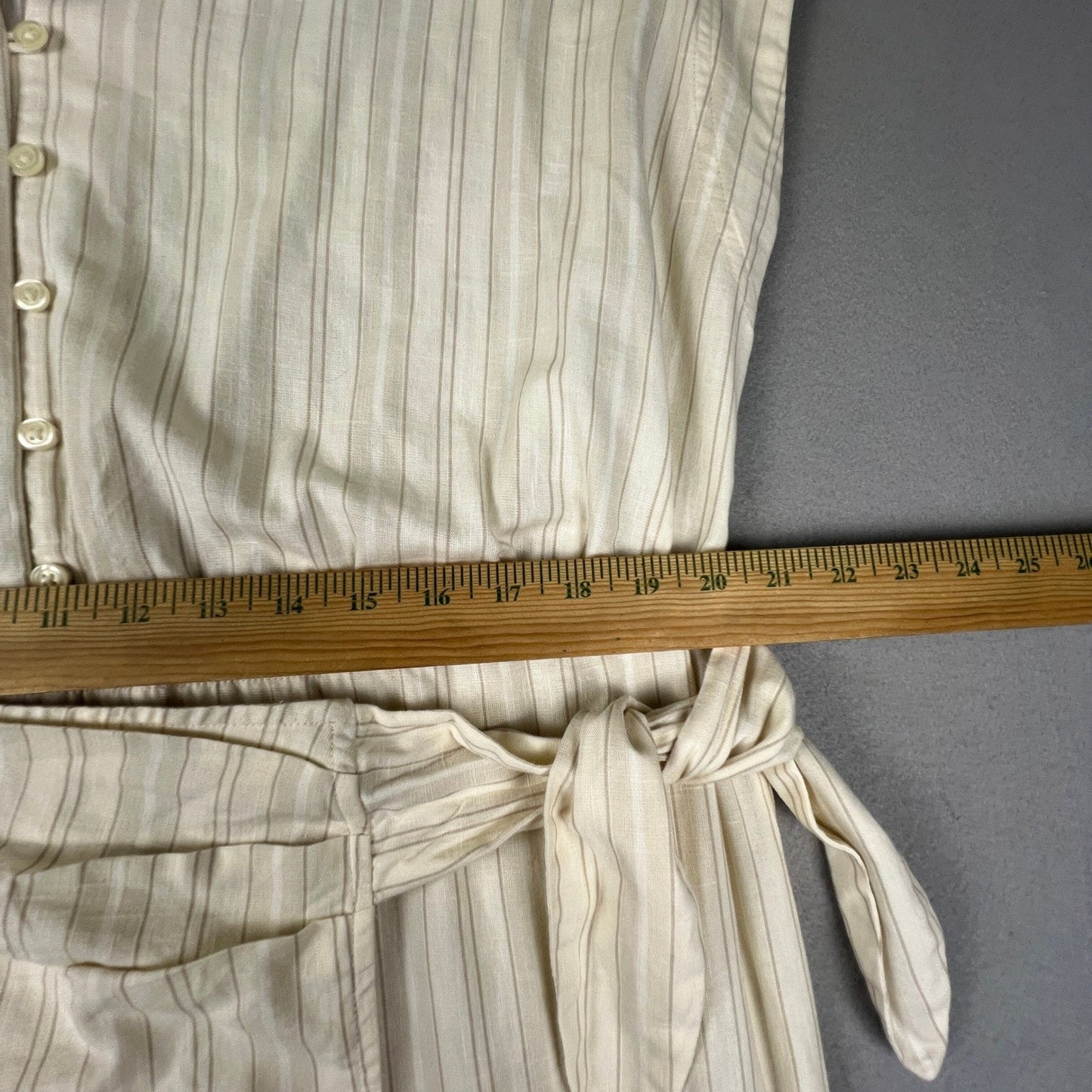 Midi Dress Womens L Cream Pinstripe Wrap Tie Cotton Casual Universal Thread