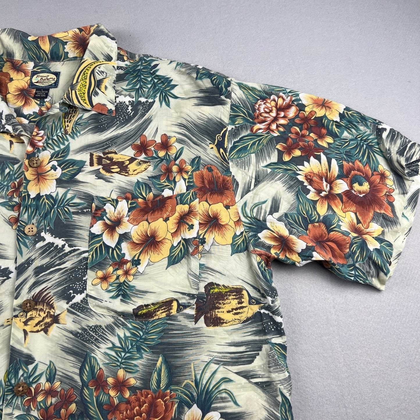 Vtg Tommy Bahama Hawaiian Shirt Mens L Tan Floral Fish Tropical Camp Aloha
