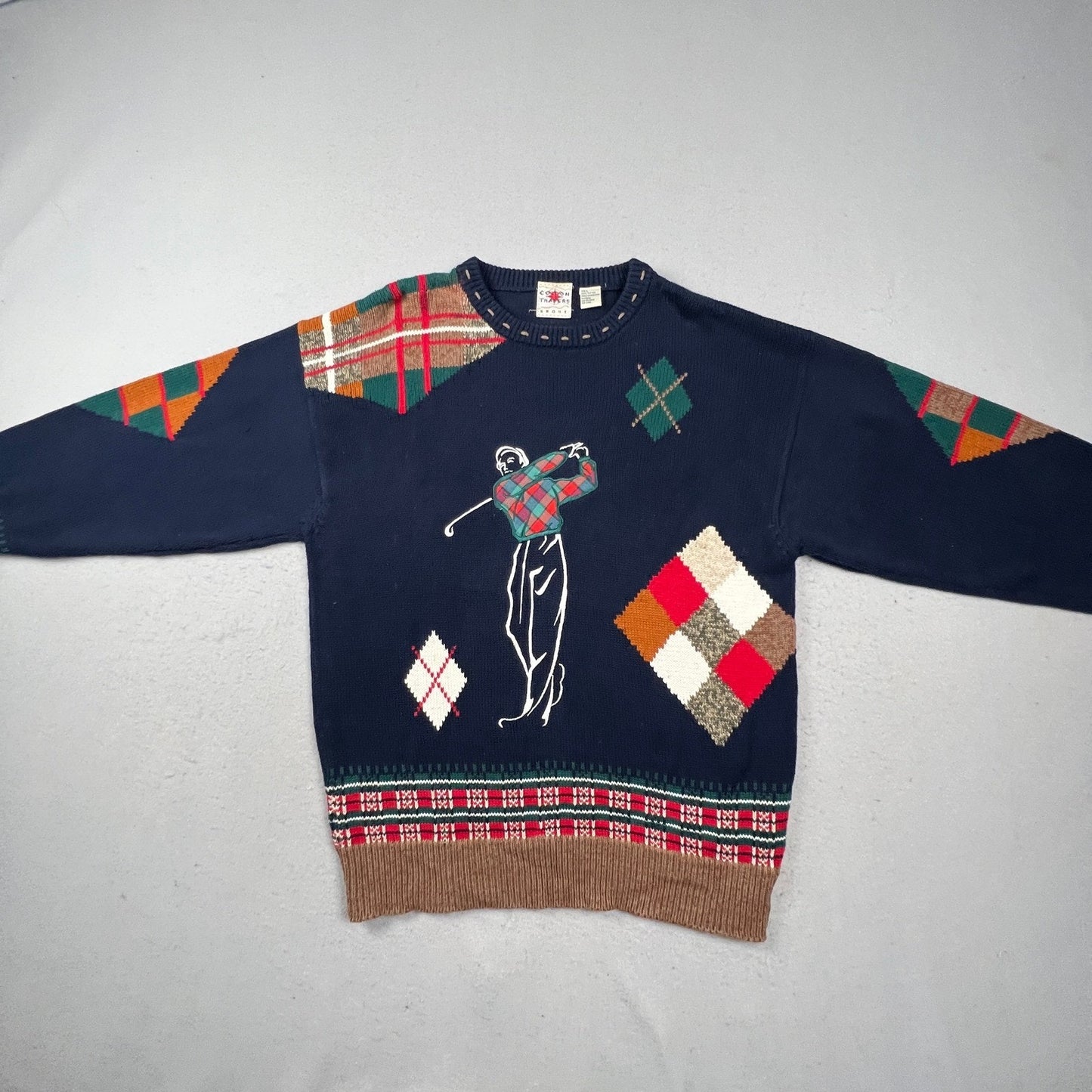Cotton Traders Golf Sweater Mens Large Navy Blue Argyle Plaid Intarsia Vintage