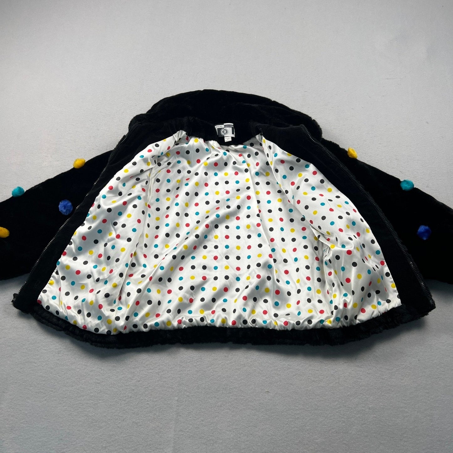VTG 90s Young Gallery Faux Fur Jacket OS Black Pom Pom Polka Dot Lined Quilted