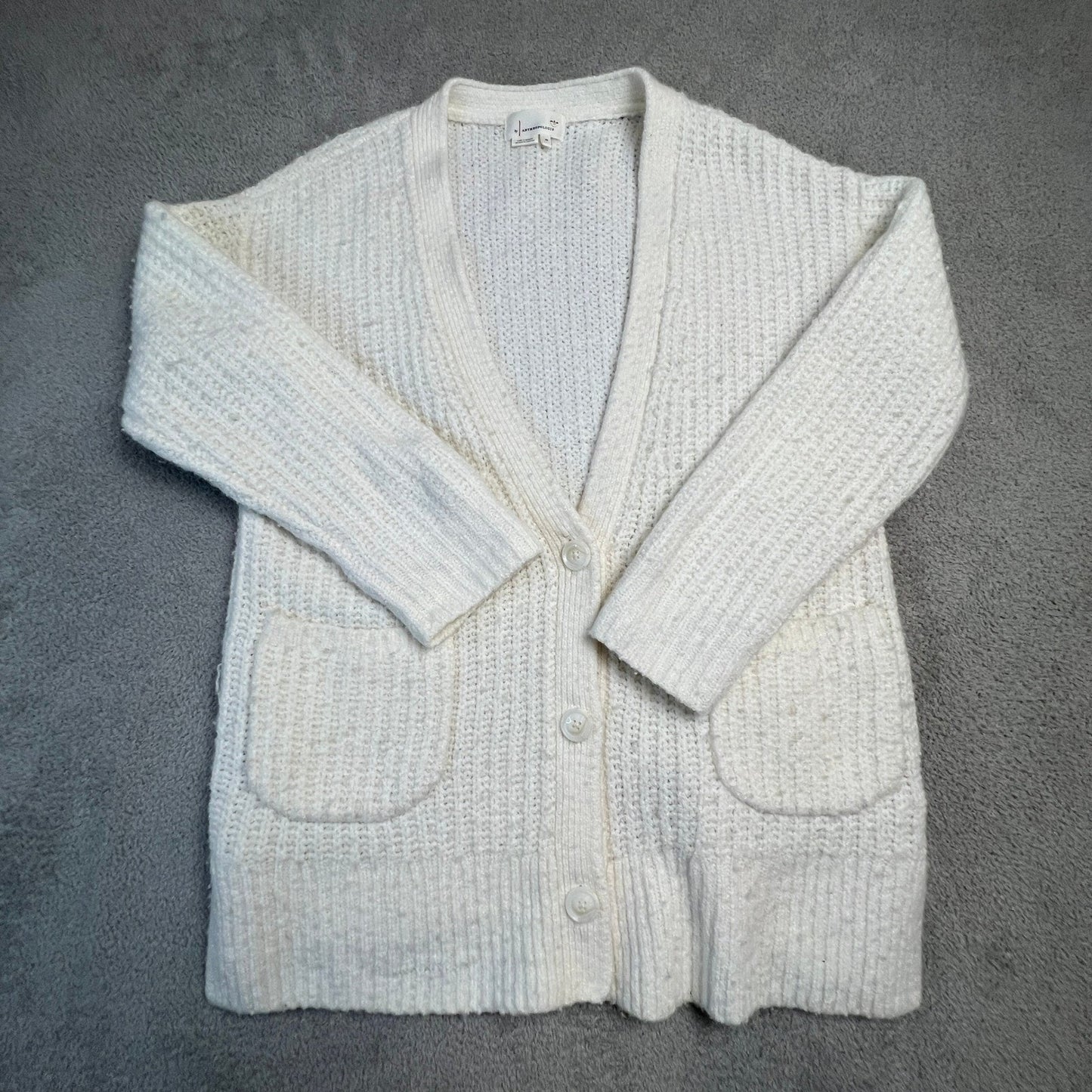 Anthropologie Cardigan Extra Small Merino Wool Blend Chunky Knit Cream Pockets