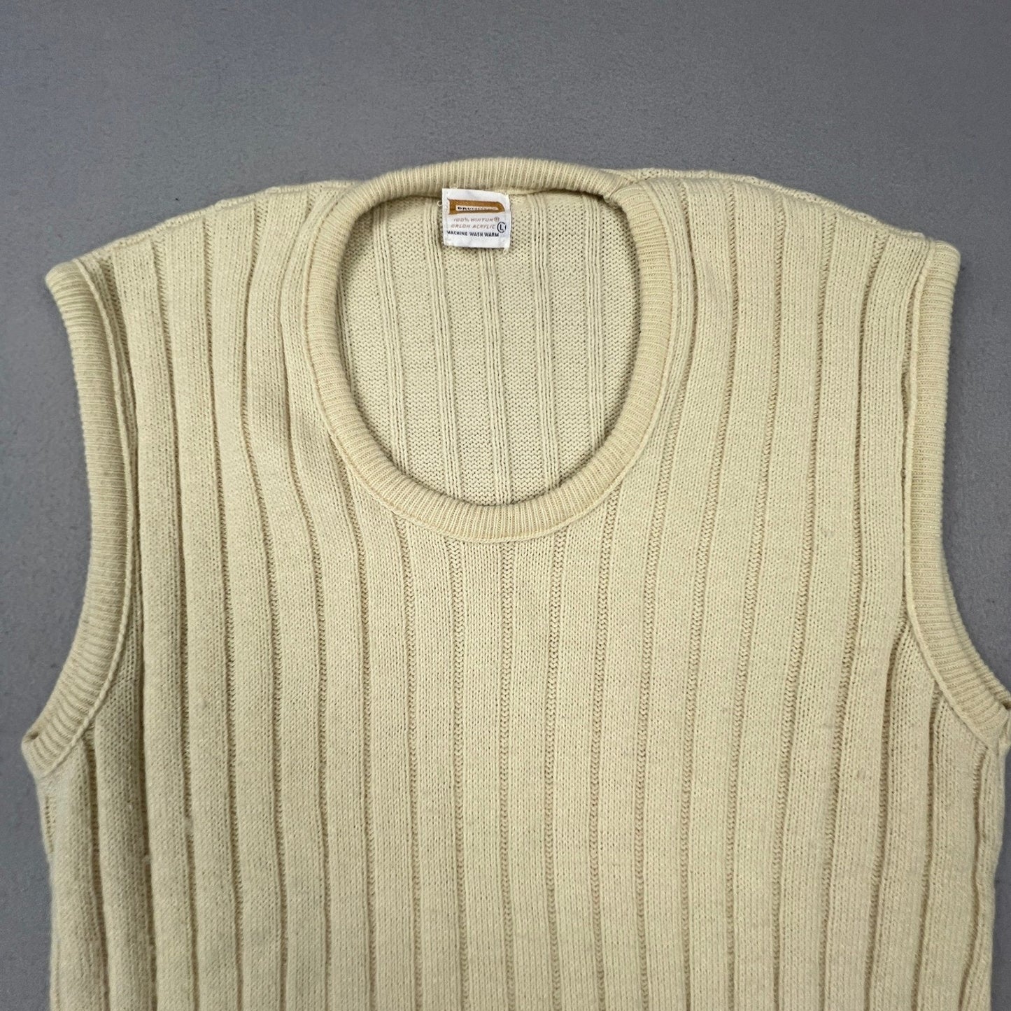 VTG 70s Retro Sweater Vest Women Large Cream Ribbed Knit Wintuk Orlon Brentwood