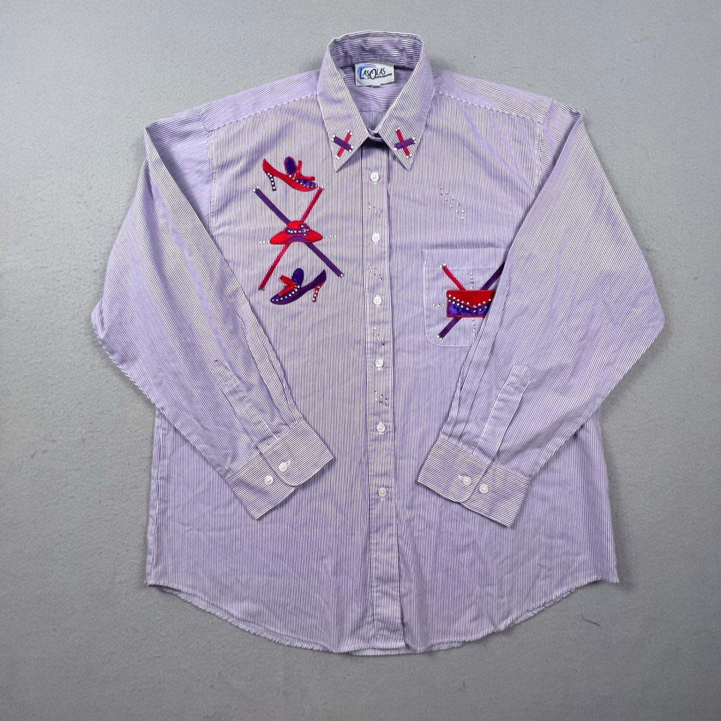 VTG Las Olas Button Down Shirt Womens L Purple Pinstripe Rhinestone Fashion Art