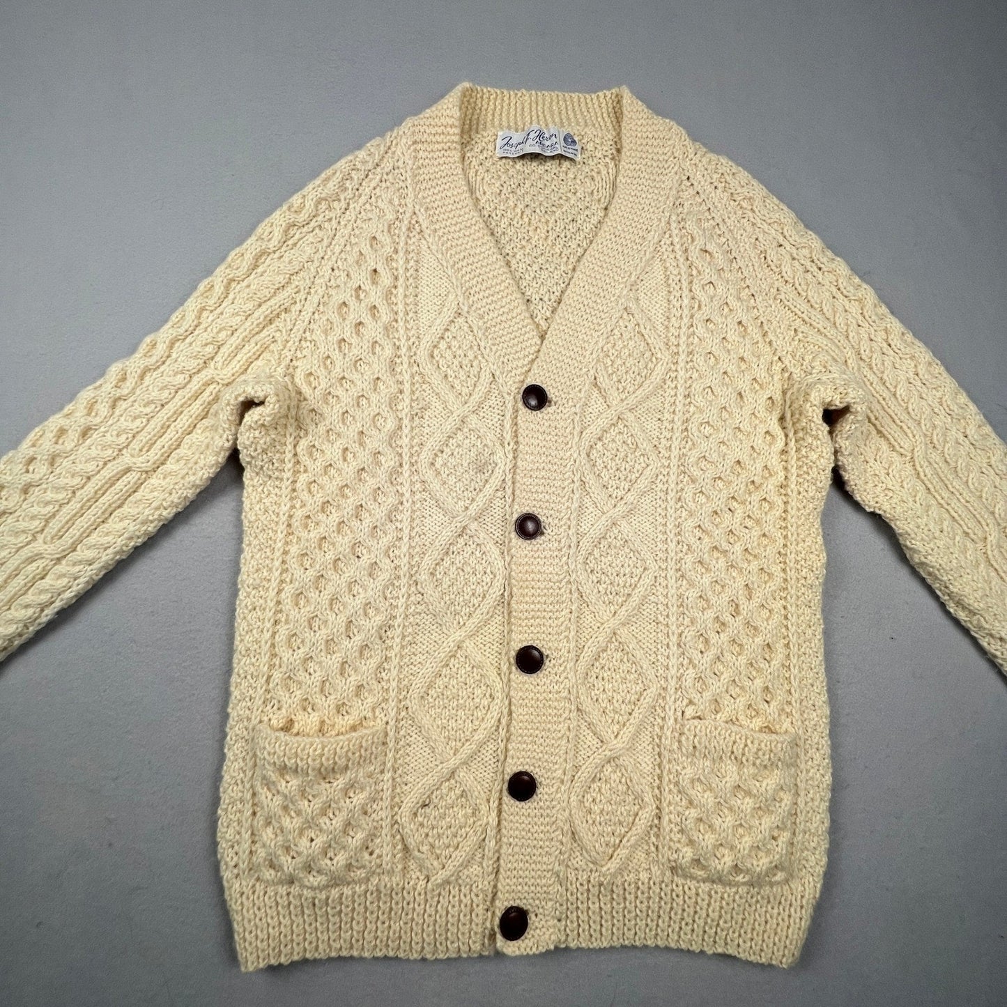 VTG Wool Handknit Joseph F. Heron Cardigan Mens M Cream Irish Aran Fisherman