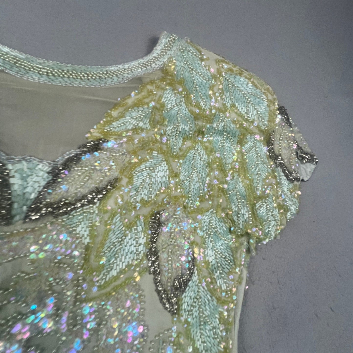Vintage Oleg Cassini Beaded Silk Dress Women 8 Green Sequin Floral 80s Cocktail