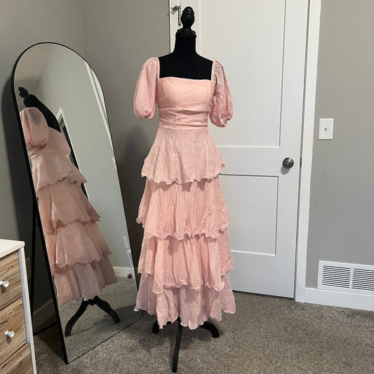 Pink Tiered Maxi Dress S Puff Sleeve Crinkle Cottagecore Coquette Fairycore