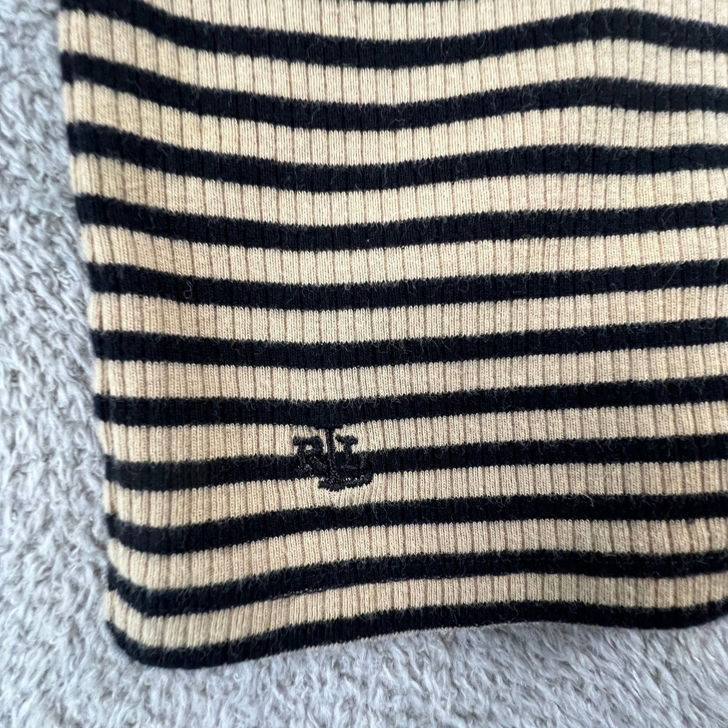 Lauren Ralph Lauren Henley Top Womens Medium Tan Navy Striped Ribbed Knit Preppy