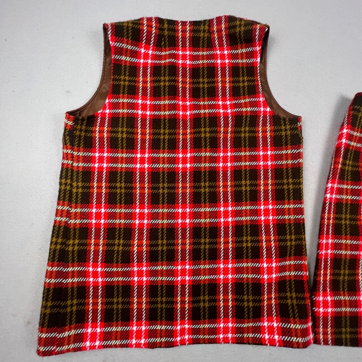 Vintage Plaid Skirt Set Womens Medium Red Brown Vest Mini Skirt Mod Academic
