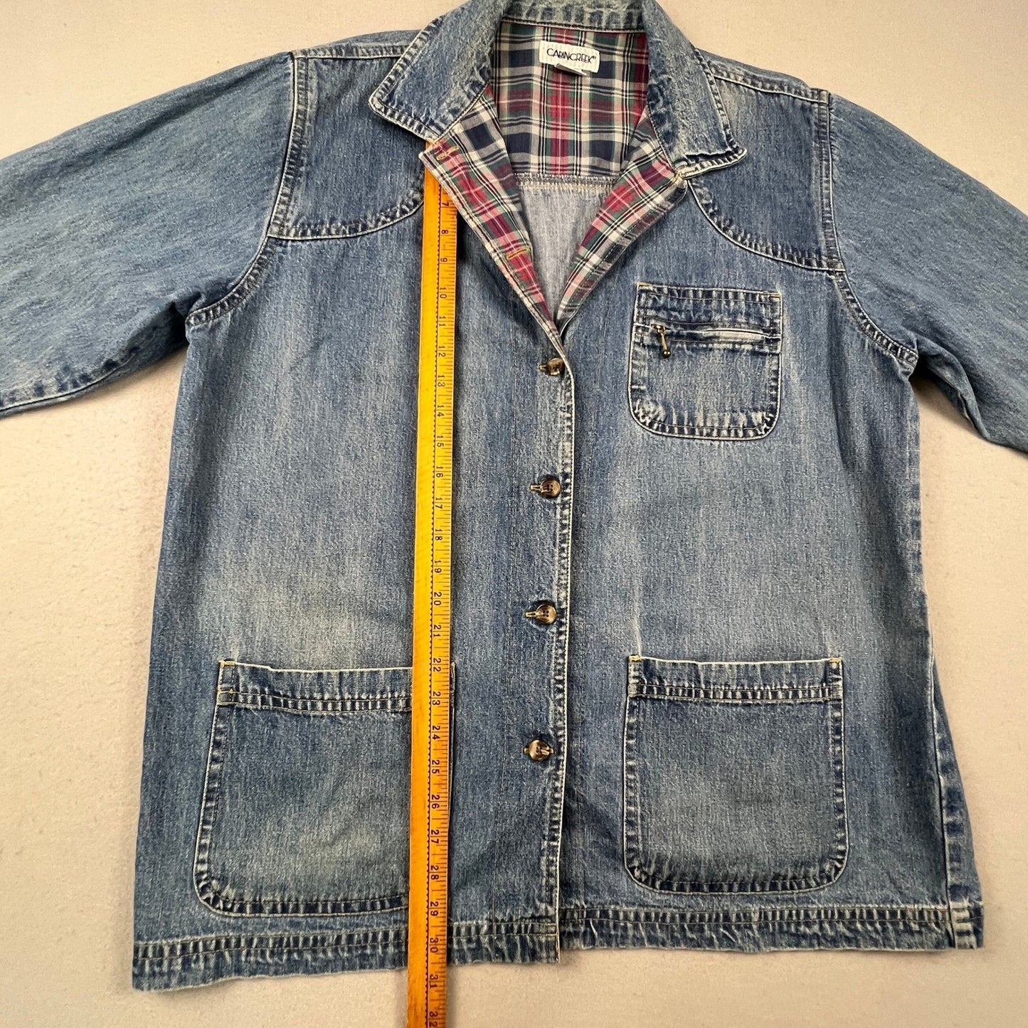VTG Style Cabin Creek Denim Chore Jacket Womens XL Blue Plaid Lined Barn Coat