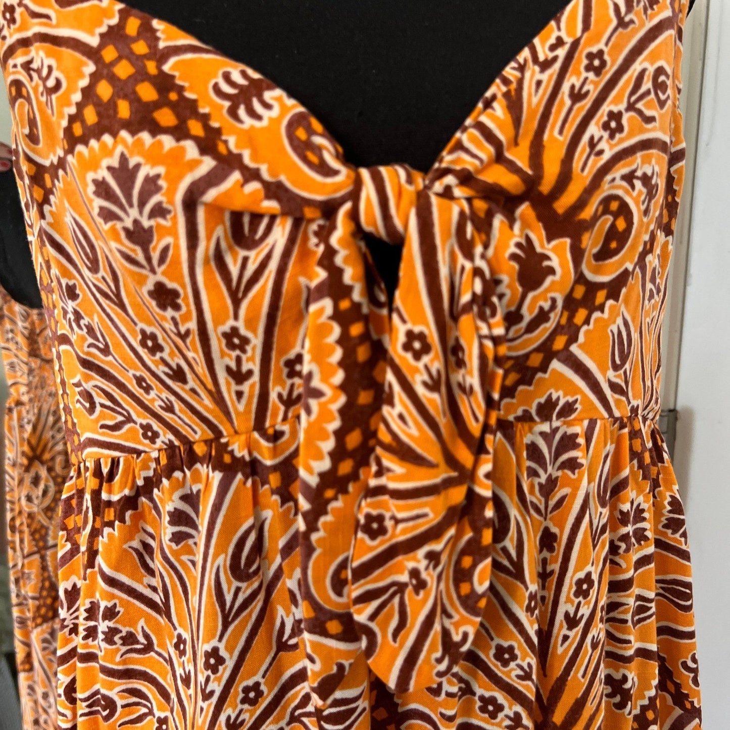 Boho Peasant Summer Midi Dress Womens Medium Orange Paisley Tie Front Knox Rose