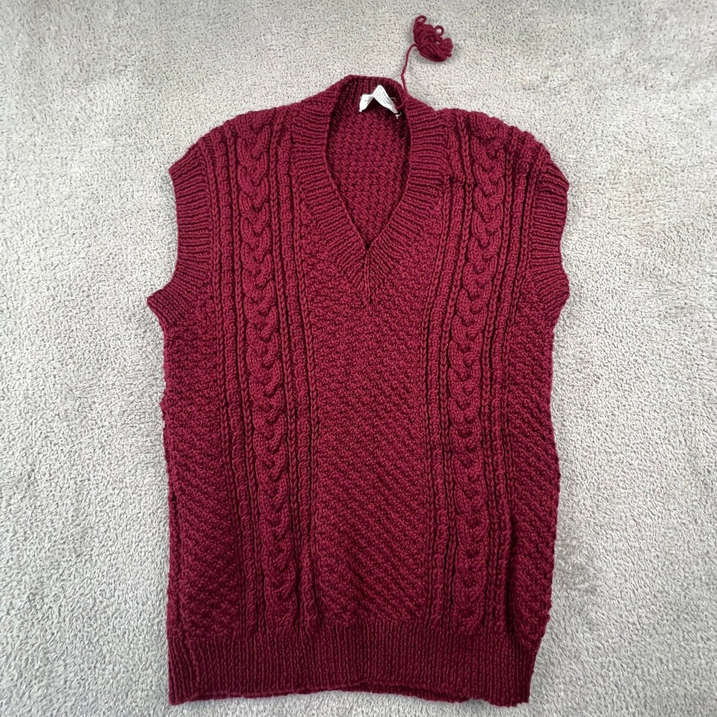 Vintage Aran Handknitted Wool Sweater Vest Women's M Burgundy V-Neck Cable Knit