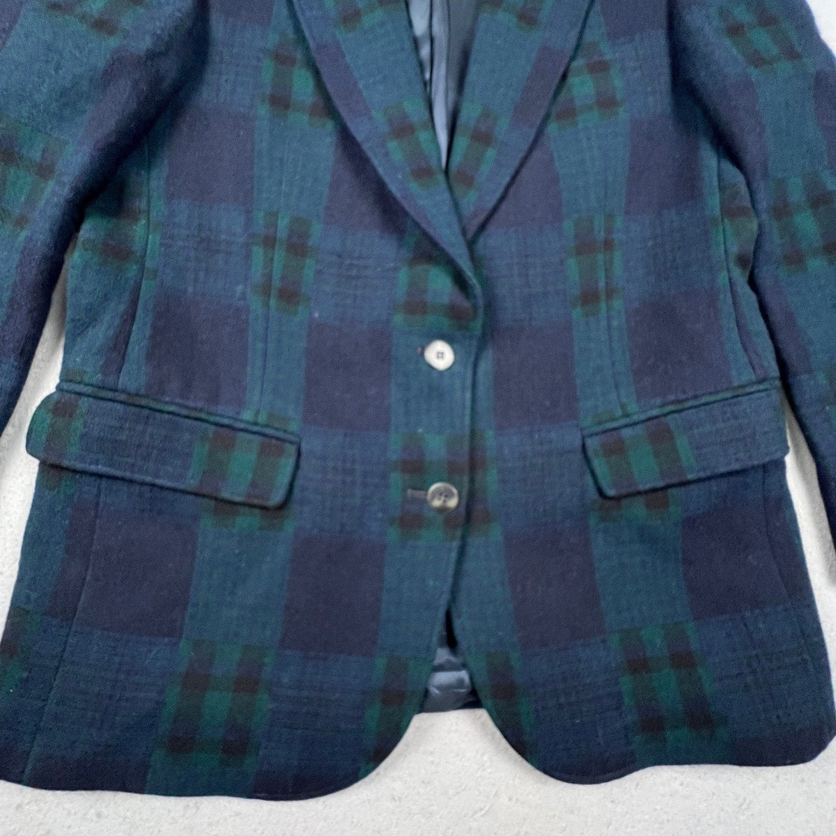 Vintage Woolrich Plaid Blazer Men Small Mallard Green Navy Blue Wool Blend USA