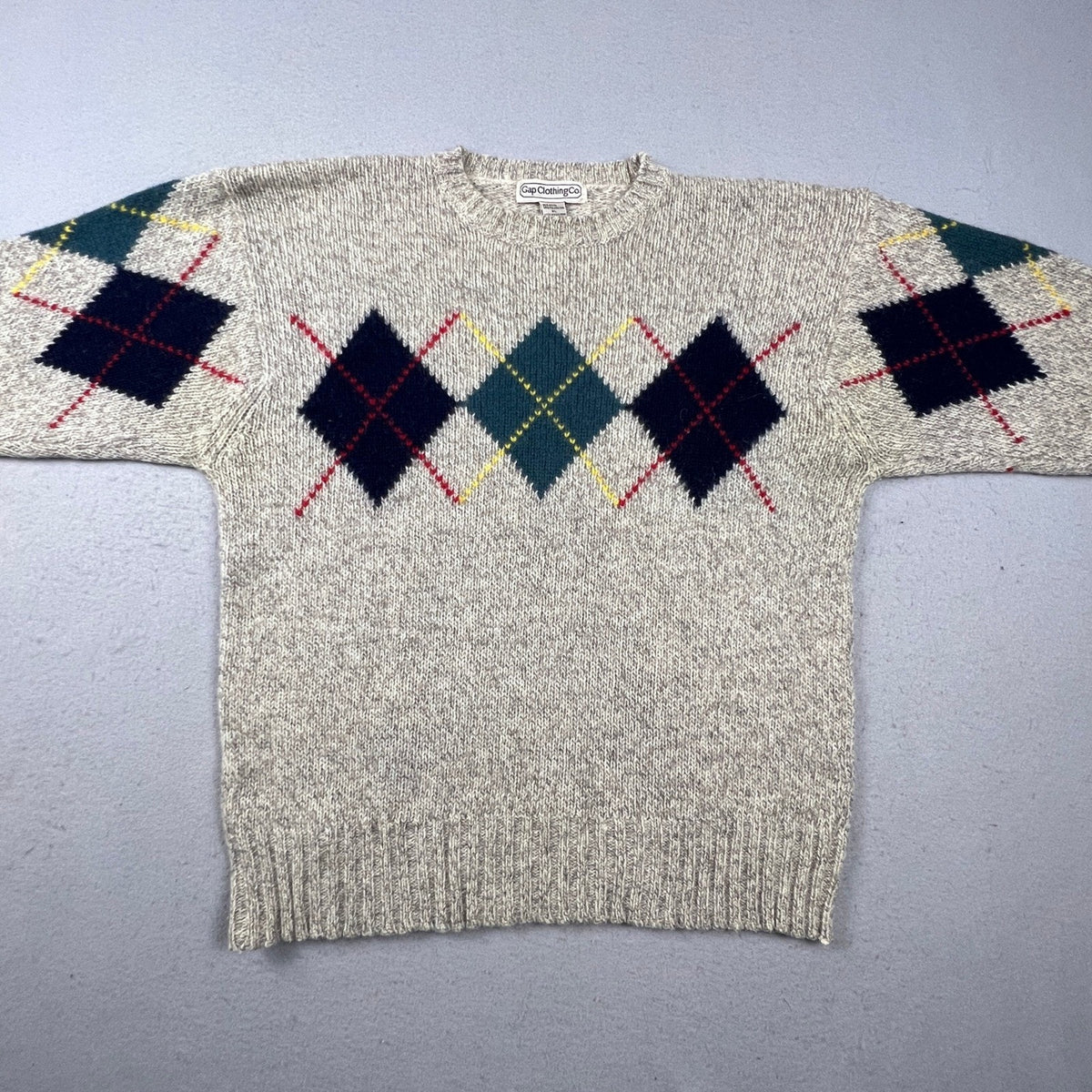 Gap Argyle Sweater Mens XL Beige Wool Blend Vintage Crewneck Preppy Knit