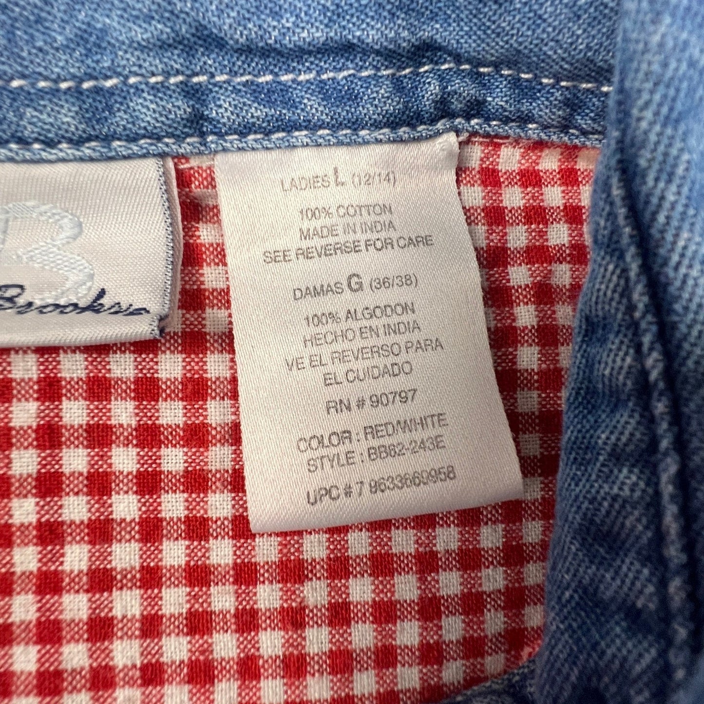 Bobbie Brooks Nautical Embroidery Shirt Women L Red Gingham Denim Coastal Granny