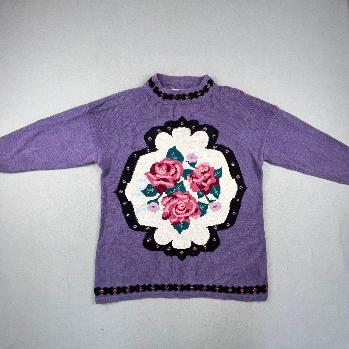 Maggie Lawrence Sweater Womens 22/24 Purple Floral Rose Embroidered Mock Neck