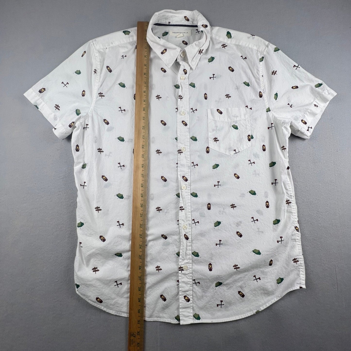 Aeropostale Button Down Shirt Mens XL White Camping Print Cotton Short Sleeve