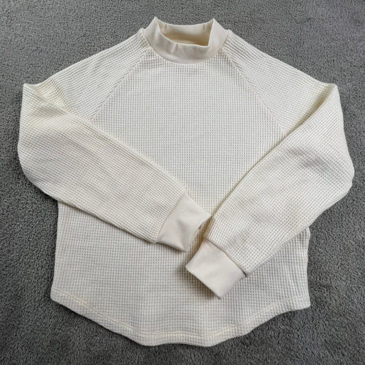 Madewell Waffle Knit Mock Neck Raglan Top XS Cream Minimalist Casual Chic Costal