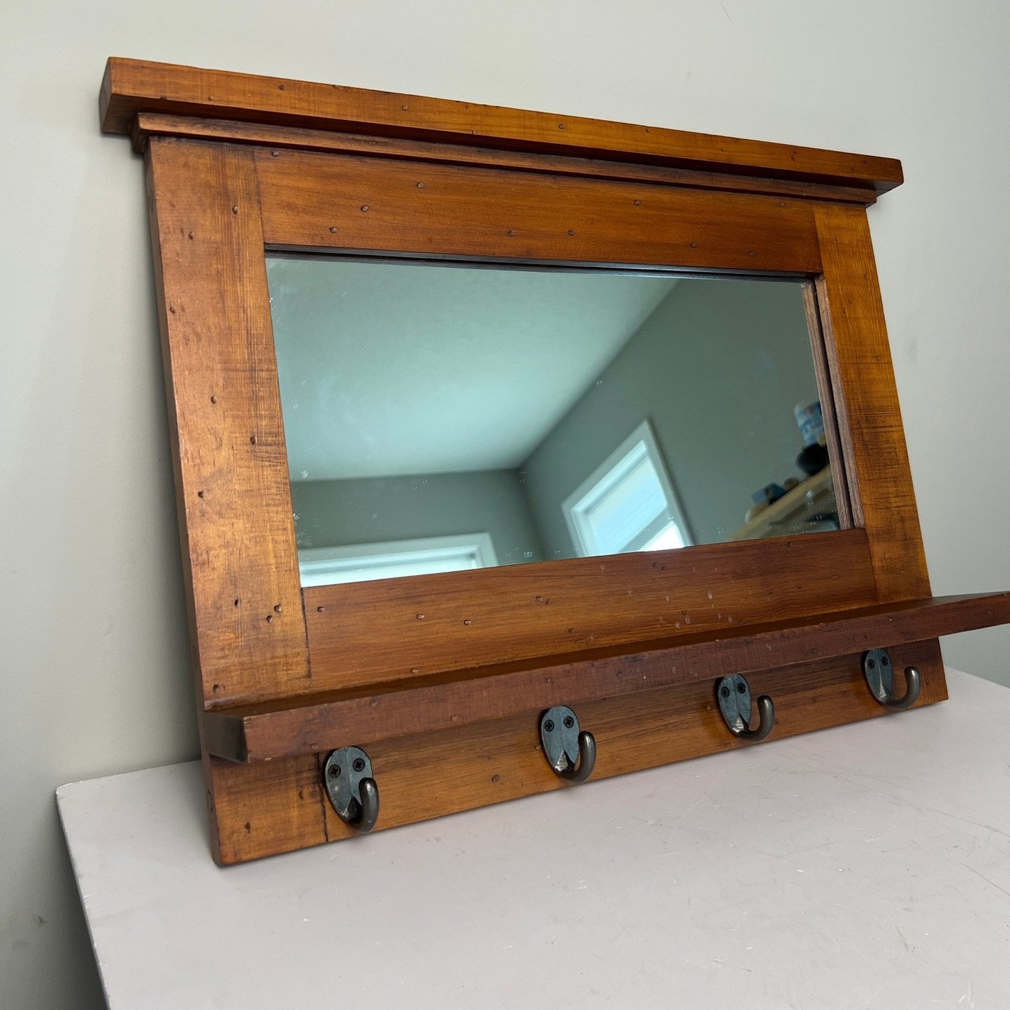 Wood Wall Mirror Entryway Shelf 20x14 Brown Rustic Farmhouse Decor Grandmacore