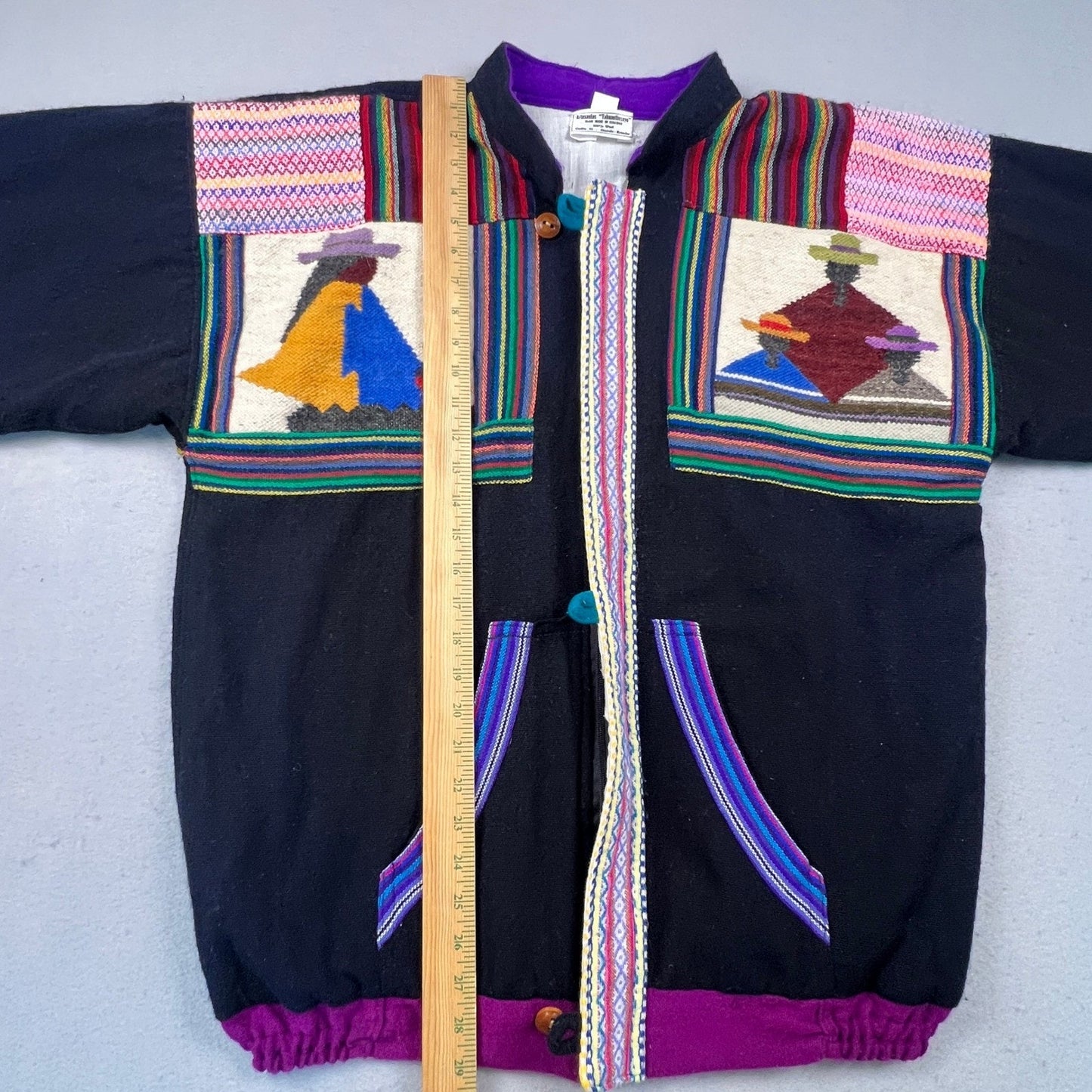 Artesanias Tahuantinsuyo Wool Jacket Mens XL Black Folk Art Otavalo Ecuador Boho