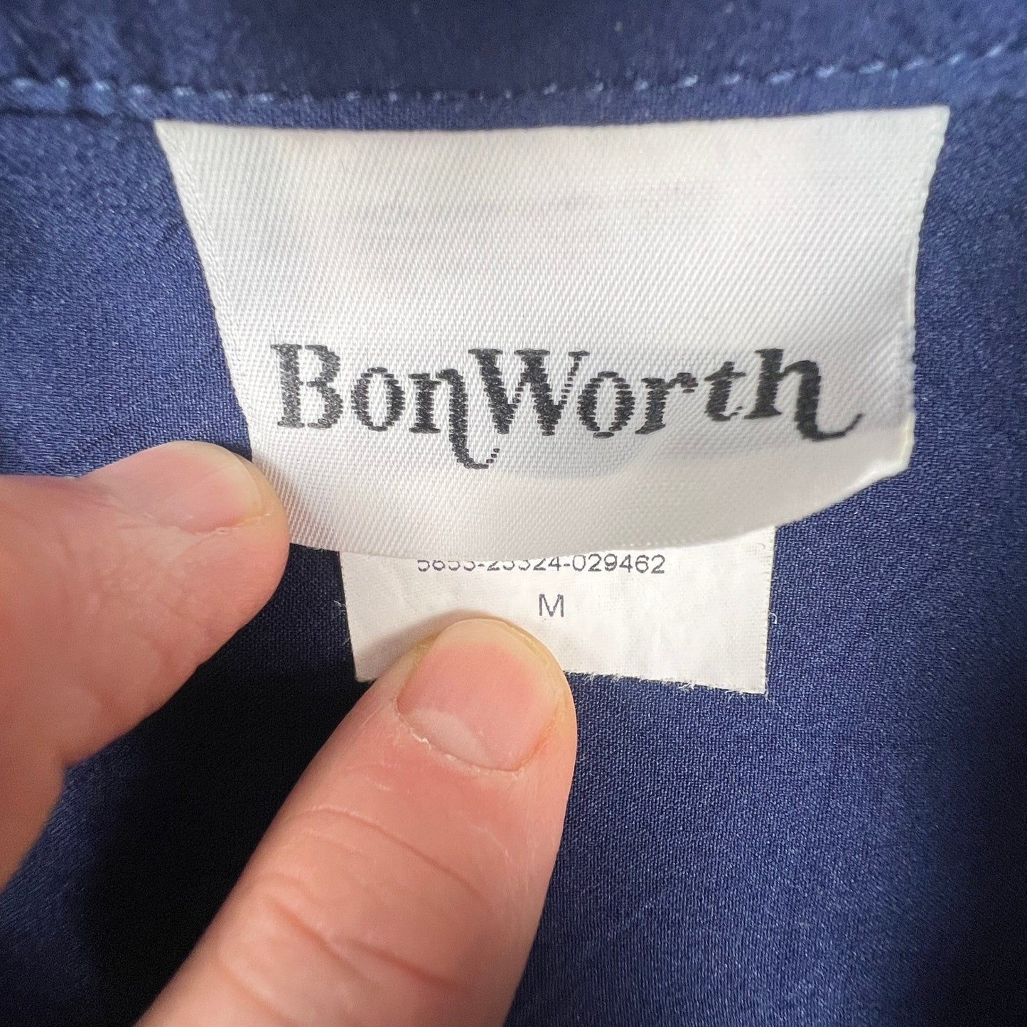 BonWorth Button Up Shirt Womens M Navy Blue Floral Butterfly Gingham Trim Granny