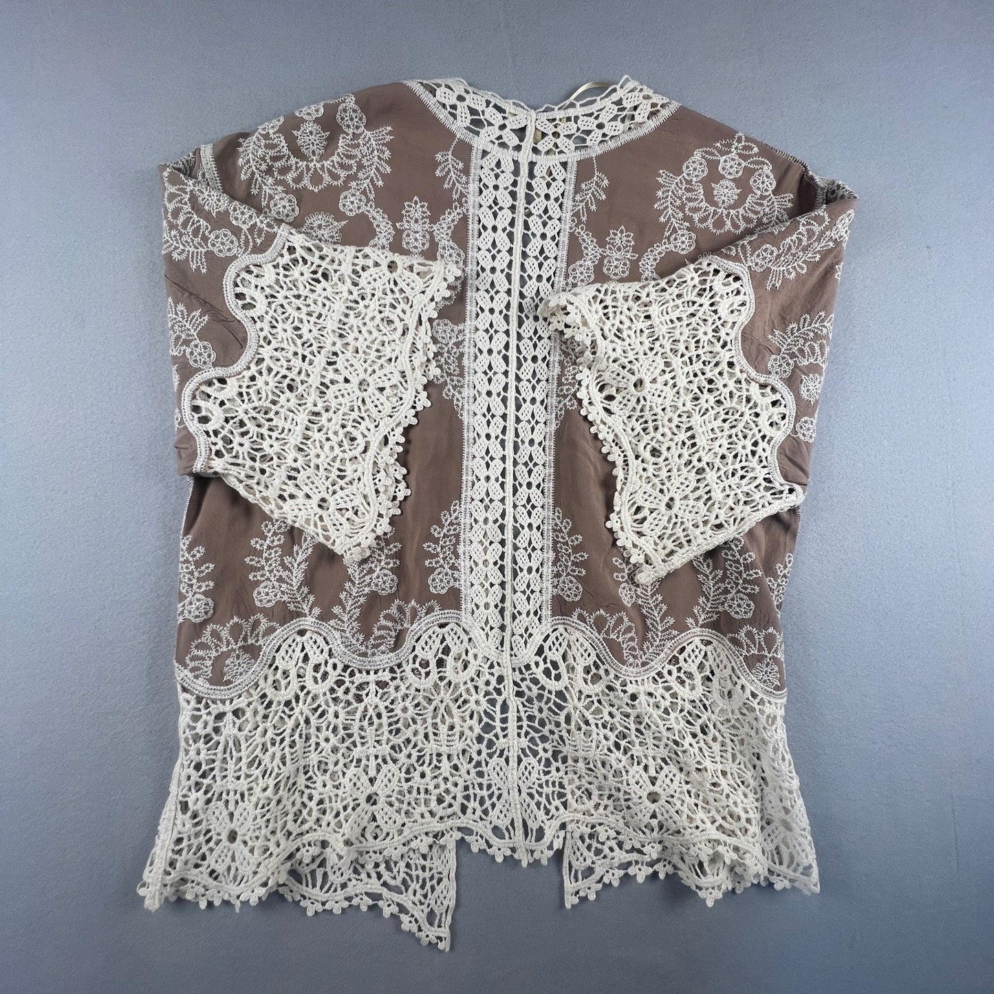 Crochet Lace Kimono Cardigan Womens M Brown Embroidered Boho Sheer Layer