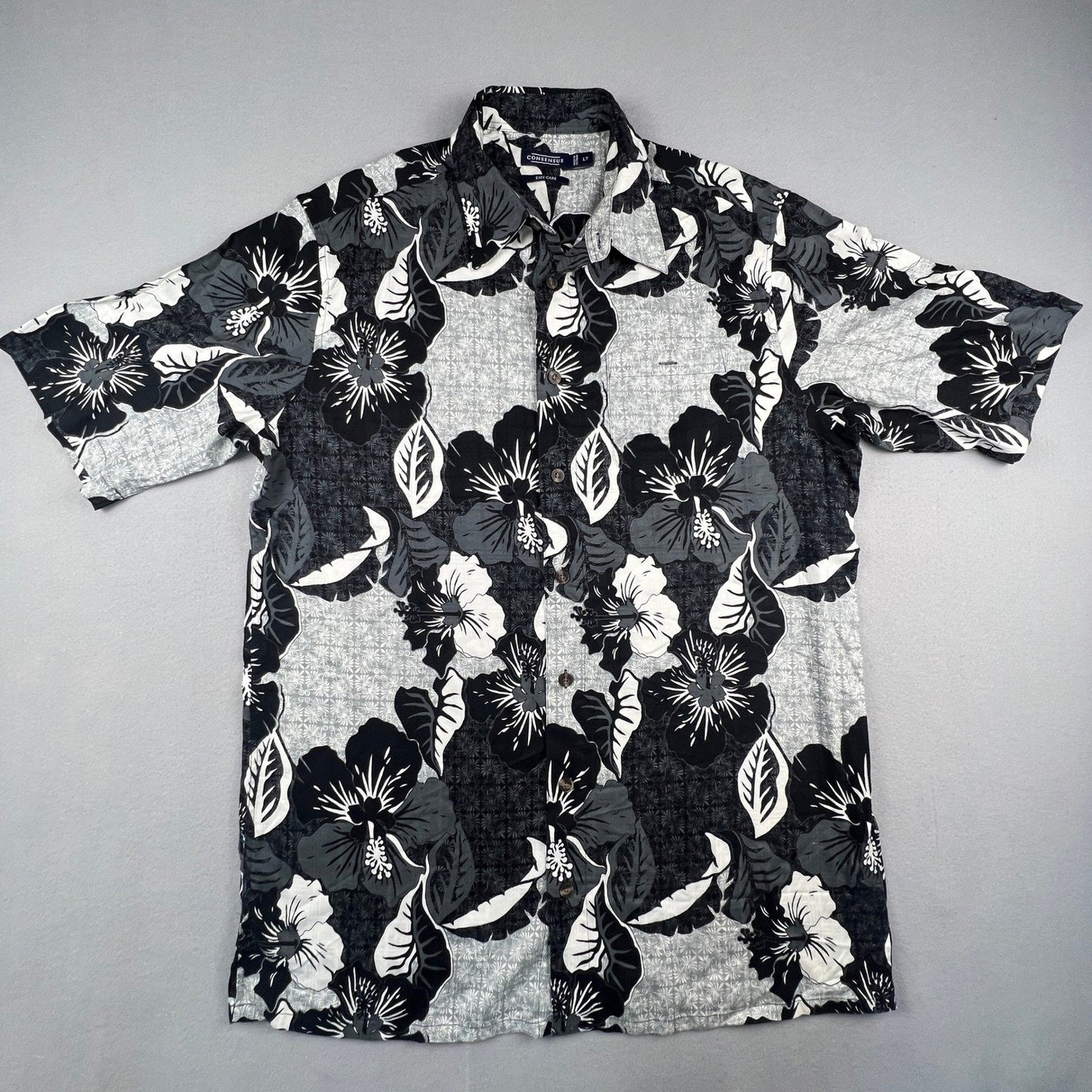 Hawaiian Hibiscus Floral Shirt Mens LT Black White Short Sleeve Tropical Aloha