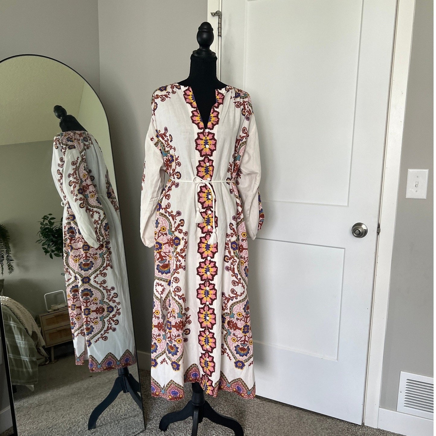 Cleobella Maxi Dress Womens Small White Floral Paisley Cotton Linen Boho Belted