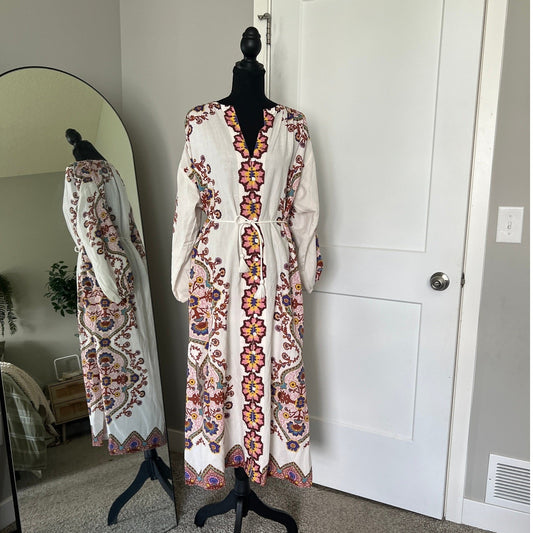 Cleobella Maxi Dress Womens Small White Floral Paisley Cotton Linen Boho Belted