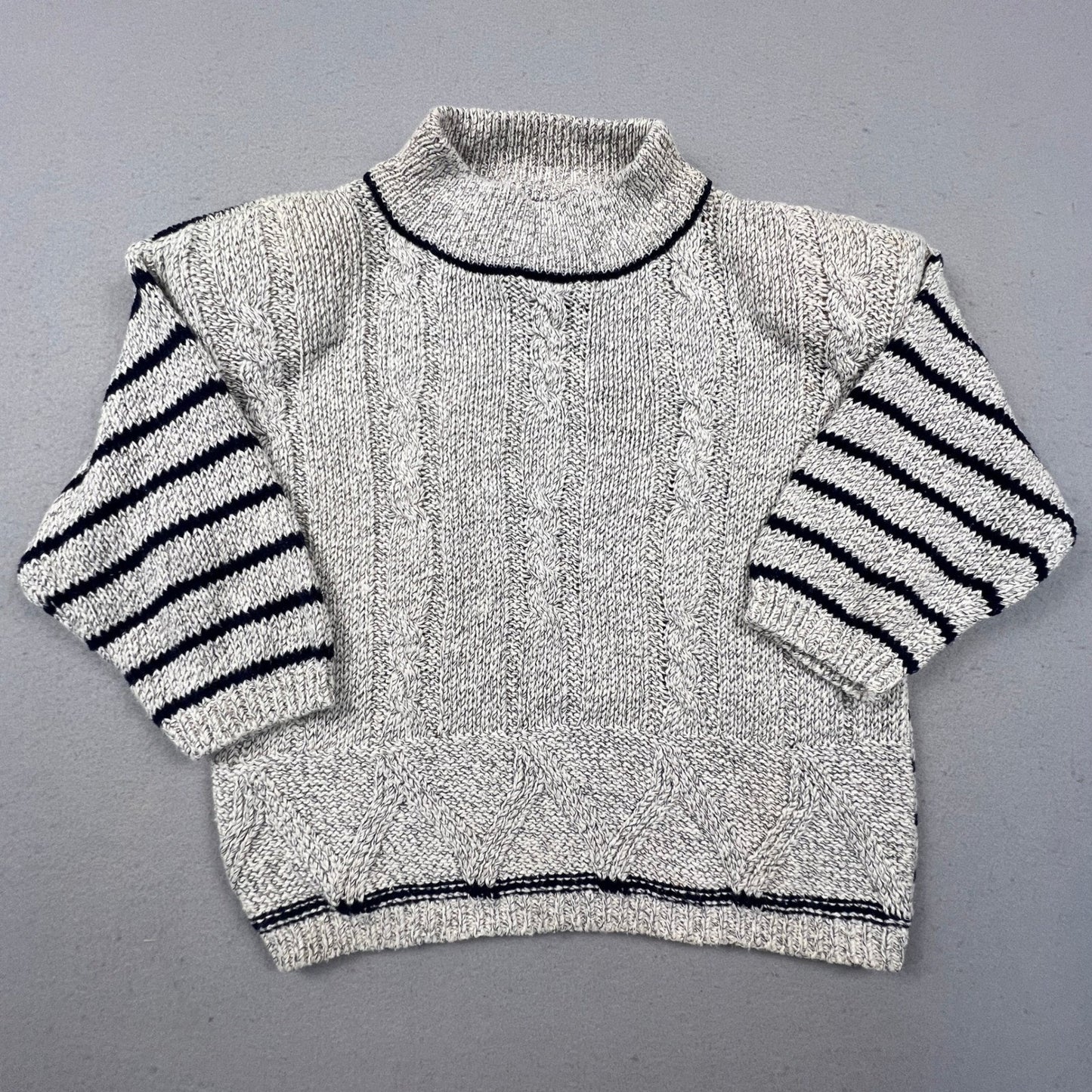T.Q. Vintage Mock Neck Sweater Womens Small Grey Navy Striped Cable Knit Cotton
