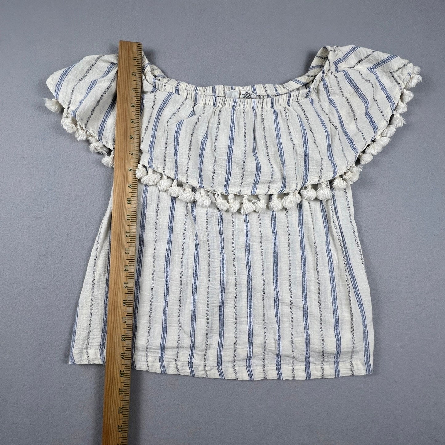 Artisan NY Off Shoulder Top Womens Small White Blue Striped Pom Pom Boho Blouse