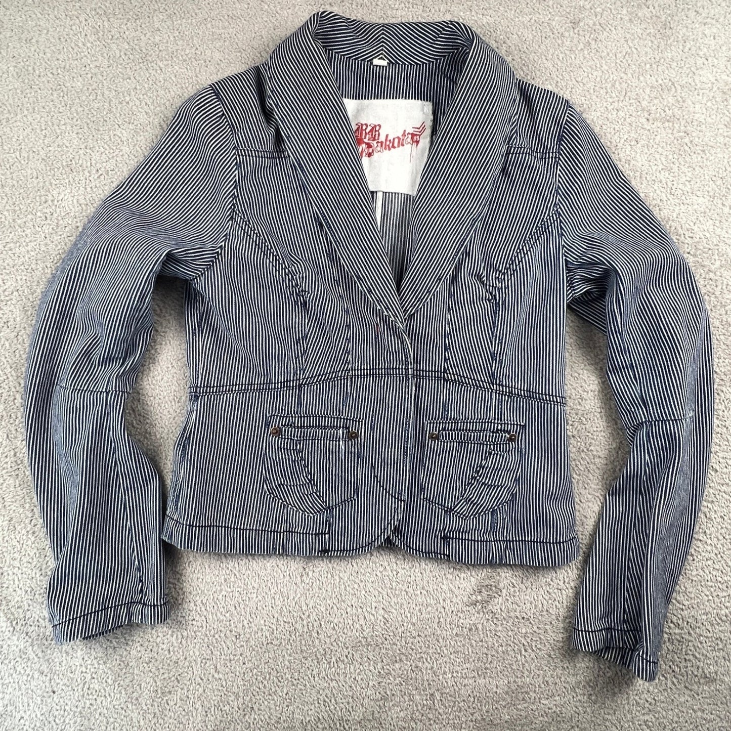 BB Dakota Hickory Stripe Denim Blazer Womens Medium Blue Fitted Peplum Jacket