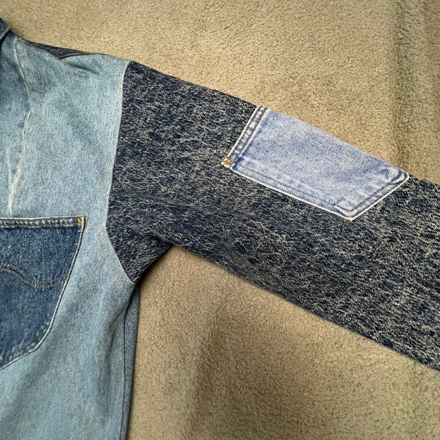 Vintage Denim Patchwork Jacket Women's Large Chore Coat Acid Wash Longline Blue
