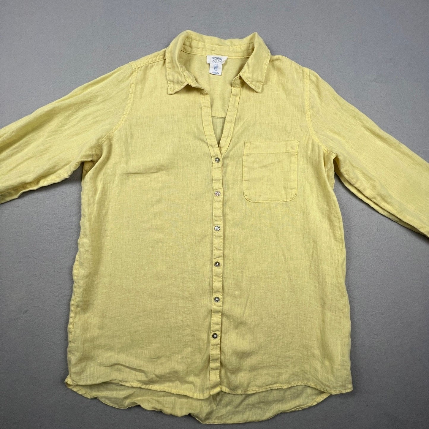 Sigrid Olsen Linen Button Down Shirt Women Medium Yellow Roll Tab Coastal Summer