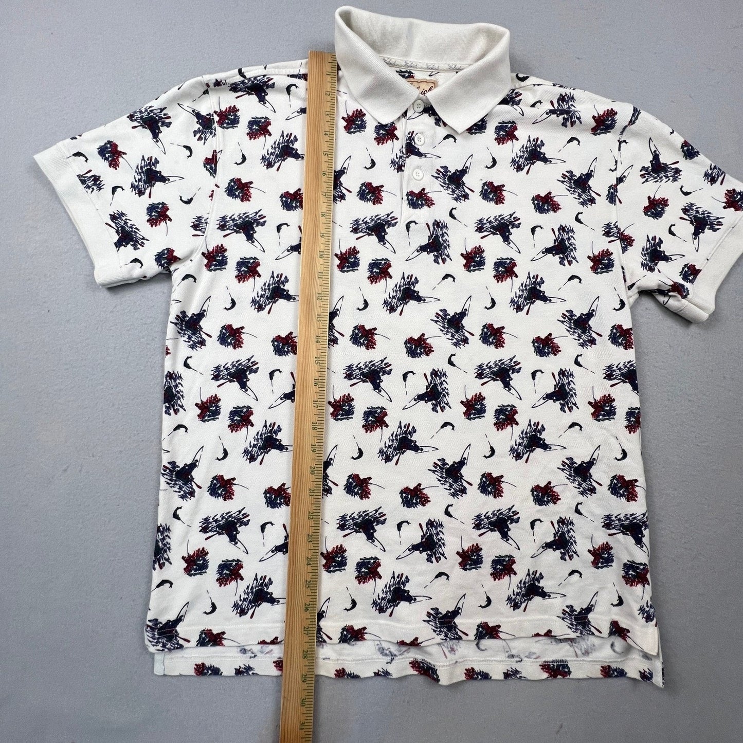 Woolrich Polo Shirt Mens Large Ivory Fishing Print Cotton Short Sleeve Outdoor