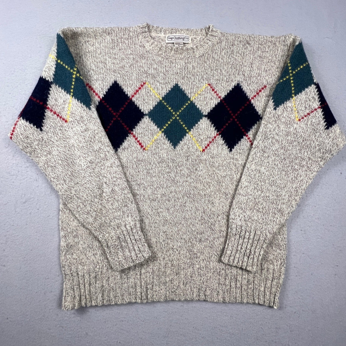 Gap Argyle Sweater Mens XL Beige Wool Blend Vintage Crewneck Preppy Knit