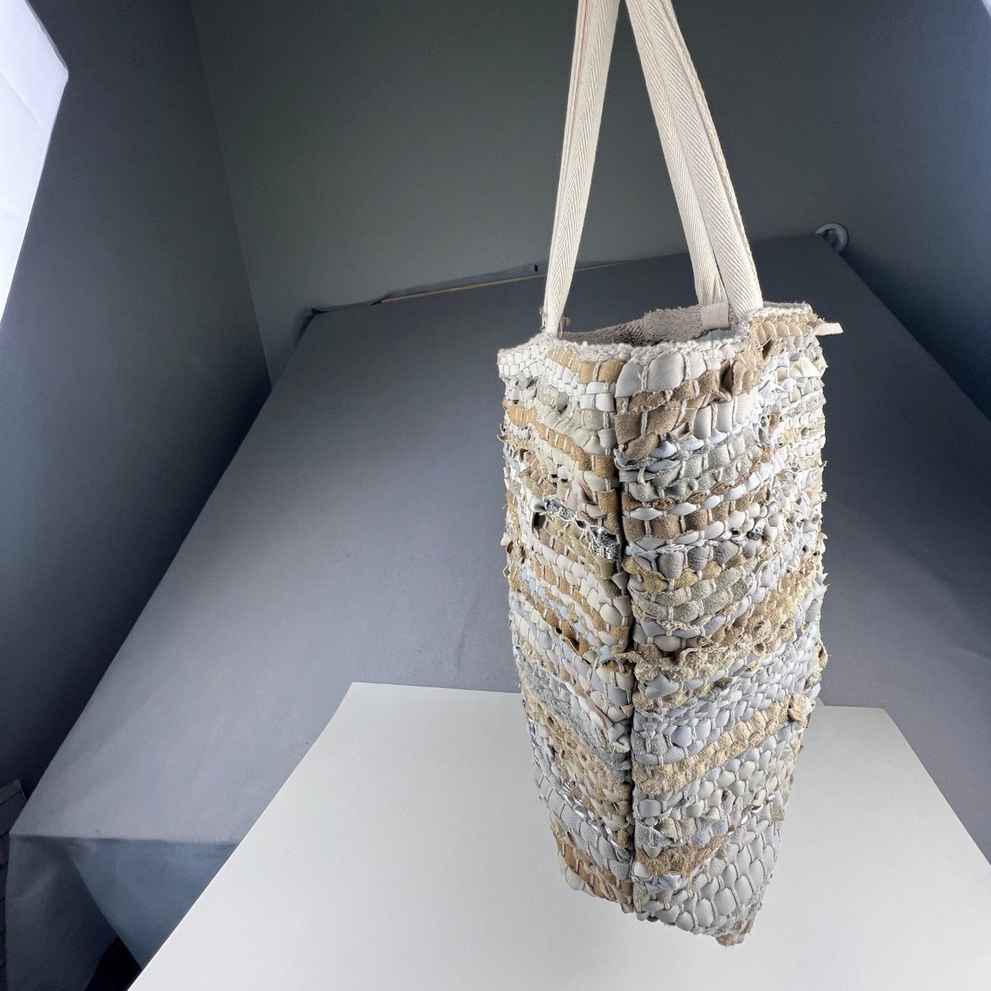 Handcrafted Upcycled Woven Tote Bag Large Neutral Boho Eco-Friendly Beach Travel