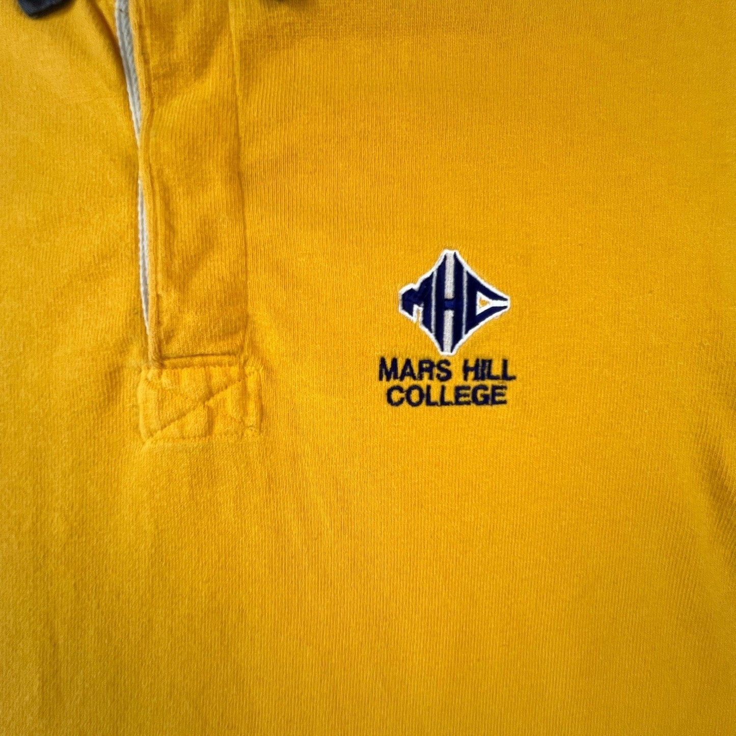 VTG Barbarian Rugby Wear Mars Hill College Shirt Mens XL Yellow Long Sleeve Polo