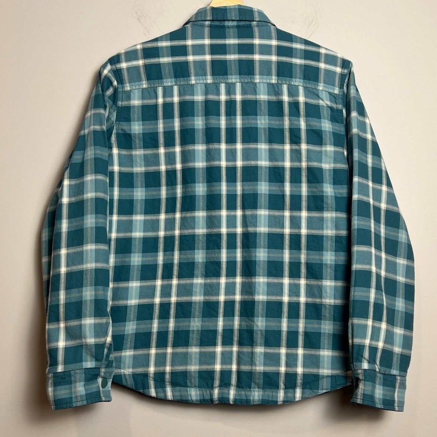 L.L. Bean Fleece Lined Shirt Jacket Mens Medium Plaid Teal/Cream Snap Button